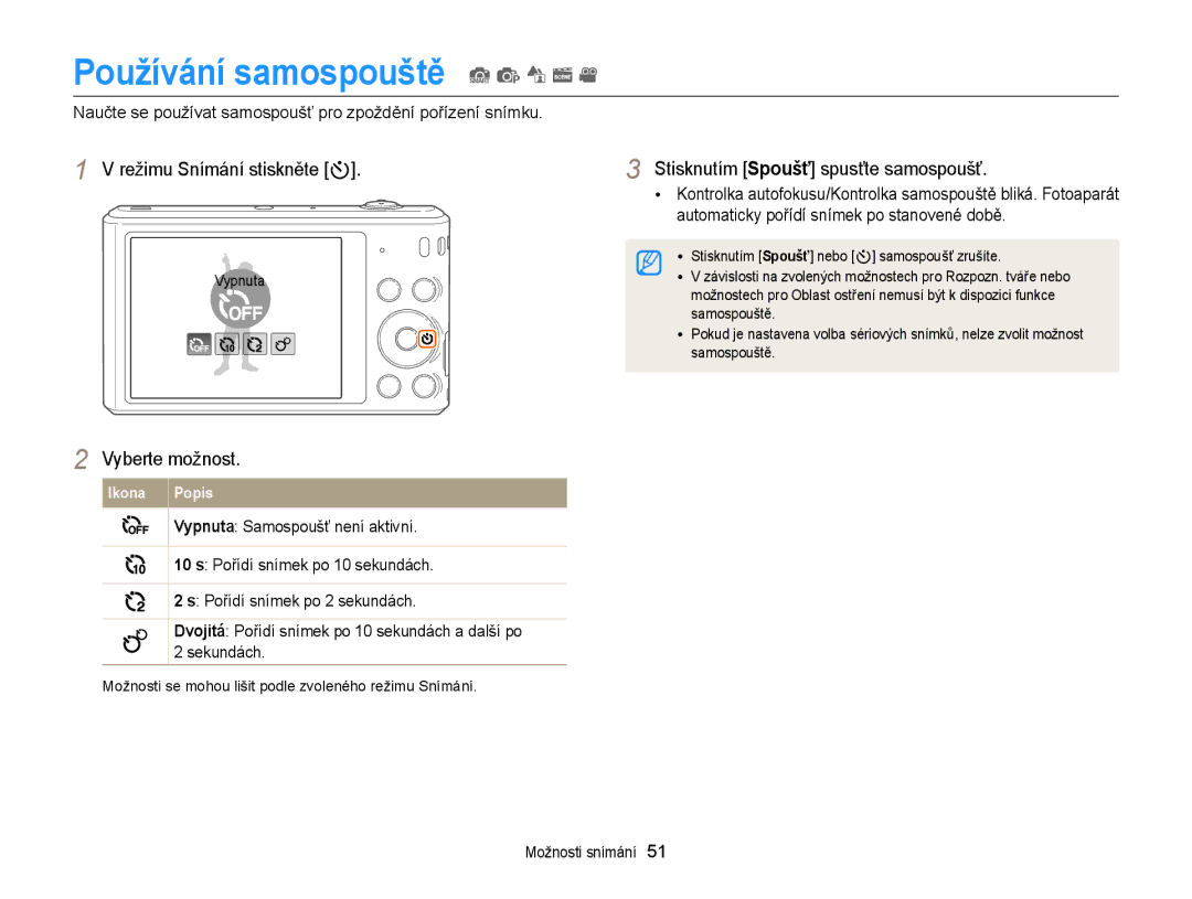 Samsung EC-ST66ZZFPPE3 Používání samospouště S p d s, Režimu Snímání stiskněte t, Stisknutím Spoušť spusťte samospoušť 