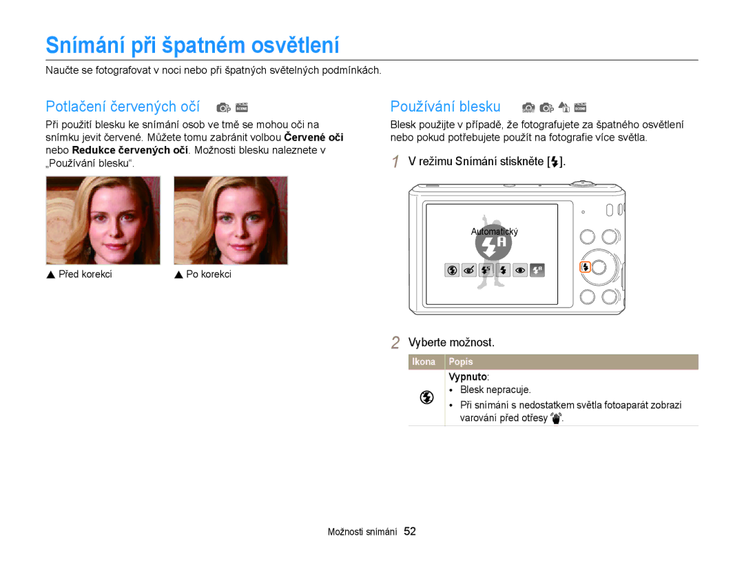 Samsung EC-ST66ZZFPBE3 manual Snímání při špatném osvětlení, Potlačení červených očí p s, Používání blesku S p d s, Vypnuto 