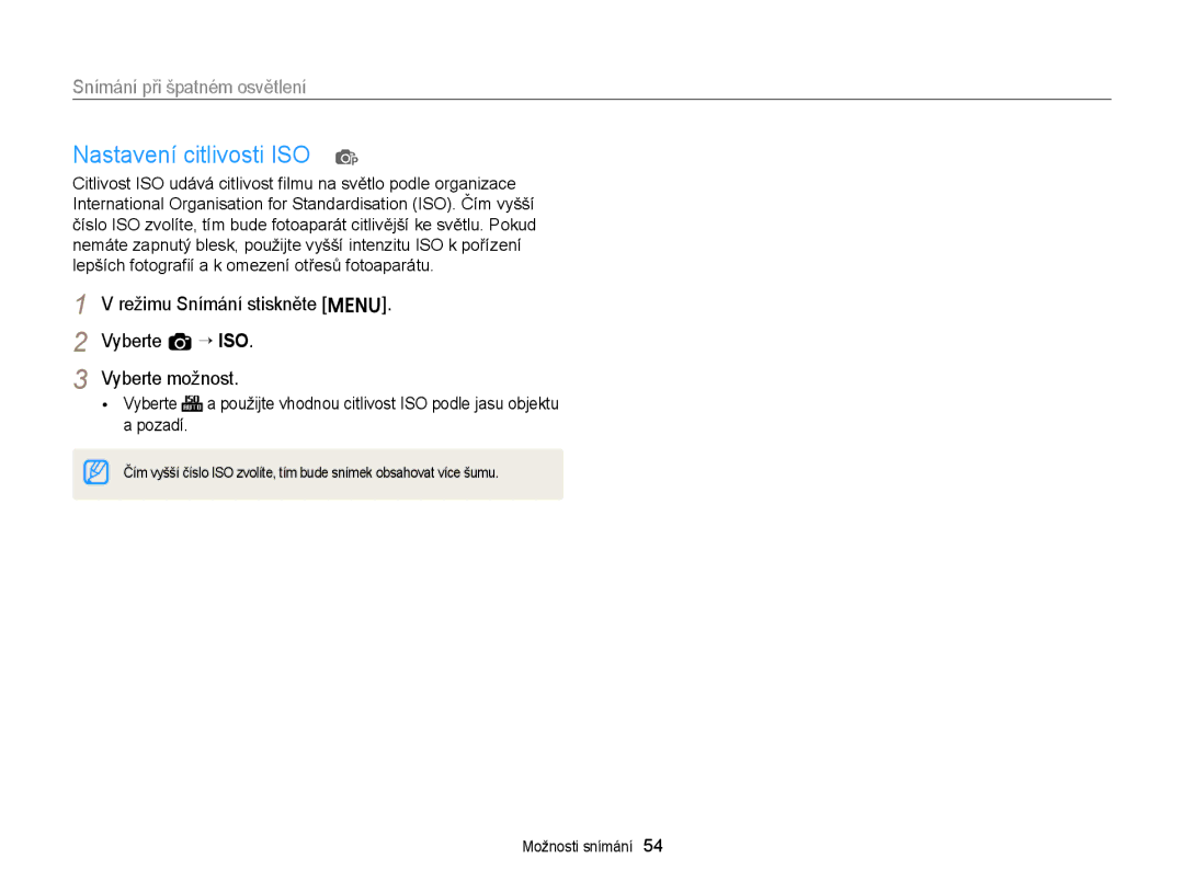 Samsung EC-ST66ZZBPRE3 manual Nastavení citlivosti ISO p, Režimu Snímání stiskněte m Vyberte a “ ISO Vyberte možnost 