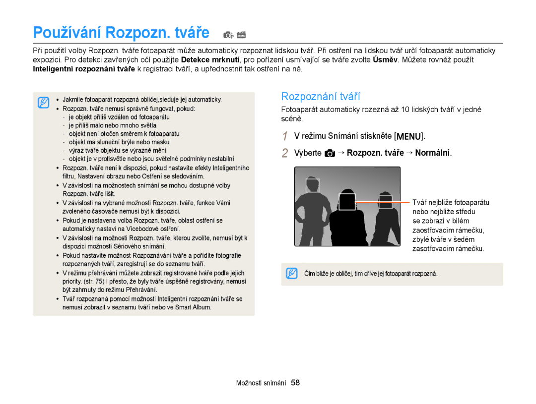 Samsung EC-ST66ZZBPPE3 manual Používání Rozpozn. tváře p s, Rozpoznání tváří, Vyberte a “ Rozpozn. tváře “ Normální 