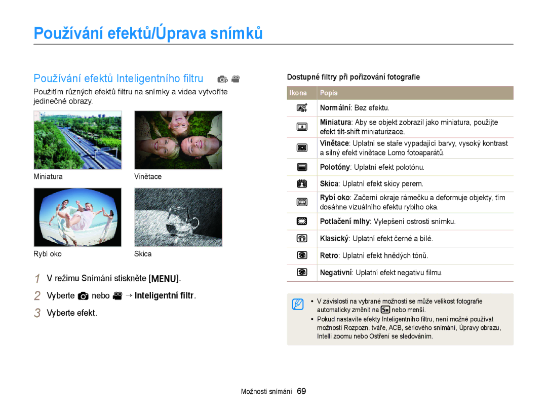 Samsung EC-ST66ZZBPSE3 manual Používání efektů/Úprava snímků, Používání efektů Inteligentního ﬁltru p, Vyberte efekt 