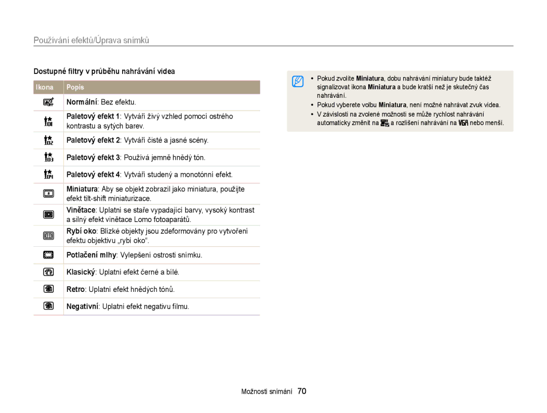 Samsung EC-ST66ZZBPBE3, EC-ST66ZZBPSE3 manual Používání efektů/Úprava snímků, Dostupné ﬁltry v průběhu nahrávání videa 