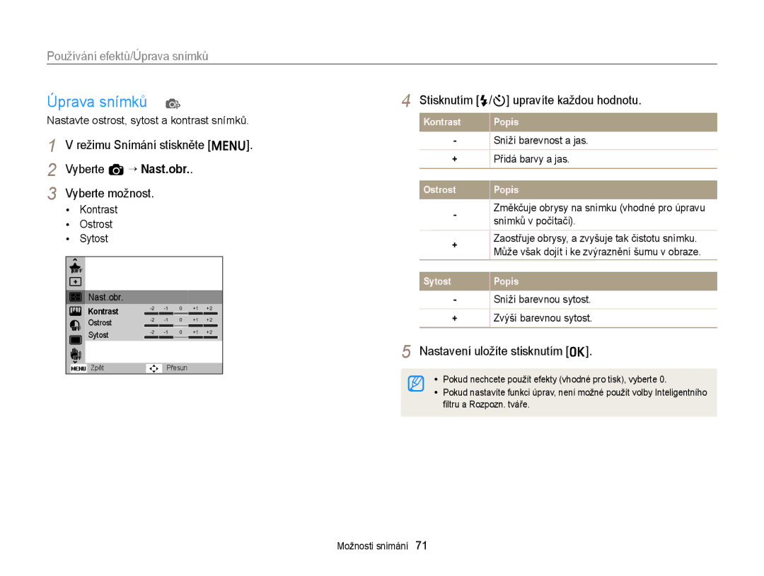 Samsung EC-ST66ZZFPPE3, EC-ST66ZZBPSE3 manual Úprava snímků p, Stisknutím F/t upravíte každou hodnotu, Snímků v počítači 