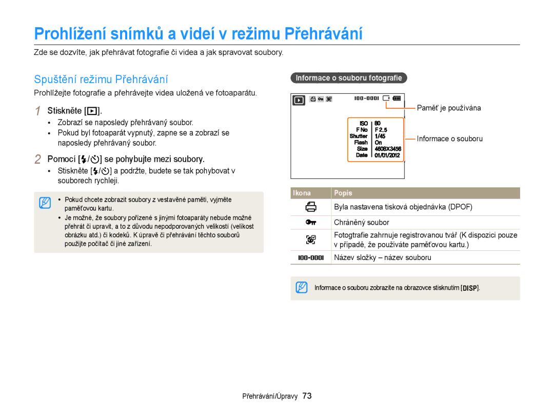 Samsung EC-ST66ZZFPSE3 manual Prohlížení snímků a videí v režimu Přehrávání, Spuštění režimu Přehrávání, Stiskněte P 