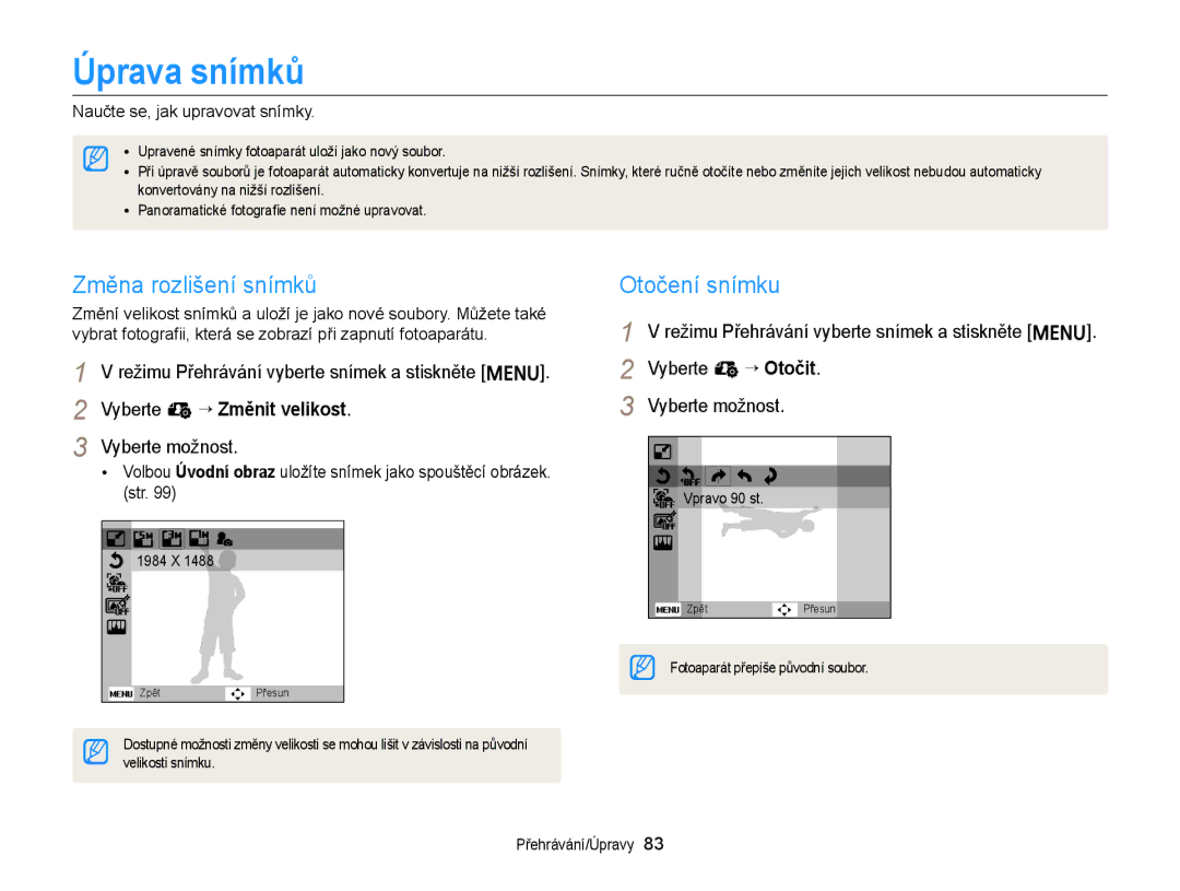 Samsung EC-ST66ZZFPSE3 manual Úprava snímků, Změna rozlišení snímků, Otočení snímku, Naučte se, jak upravovat snímky 