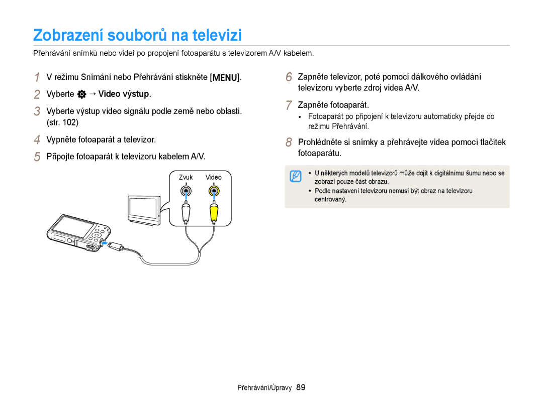 Samsung EC-ST66ZZBPSE3 manual Zobrazení souborů na televizi, Vyberte n “ Video výstup, Str, Vypněte fotoaparát a televizor 