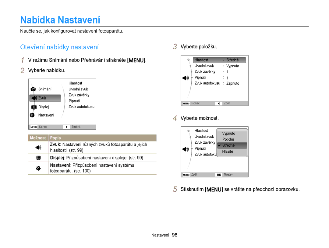 Samsung EC-ST66ZZBPPE3, EC-ST66ZZBPSE3, EC-ST66ZZBPBE3 manual Nabídka Nastavení, Otevření nabídky nastavení, Vyberte položku 