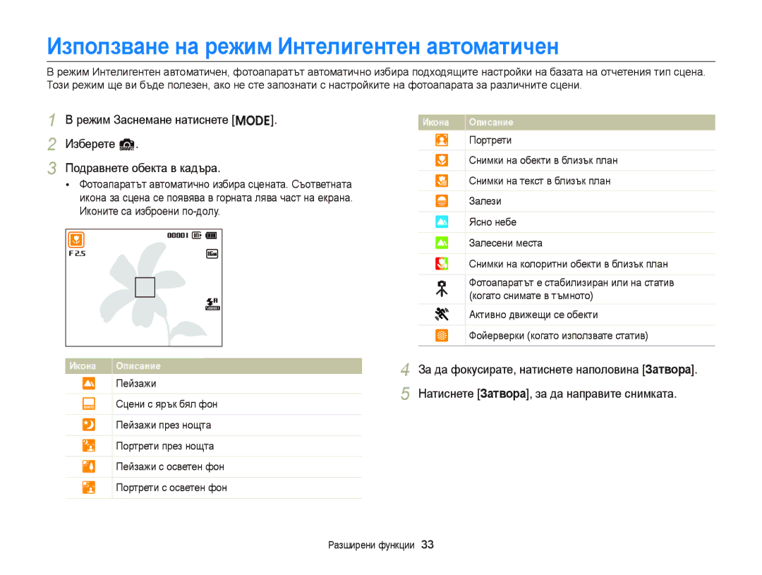 Samsung EC-ST66ZZFPUE3, EC-ST66ZZBPSE3, EC-ST66ZZBPBE3, EC-ST66ZZFPPE3 manual Използване на режим Интелигентен автоматичен 