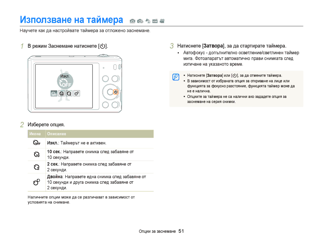 Samsung EC-ST66ZZFPBE3, EC-ST66ZZBPSE3, EC-ST66ZZBPBE3 manual Използване на таймера S p d s, Режим Заснемане натиснете t 