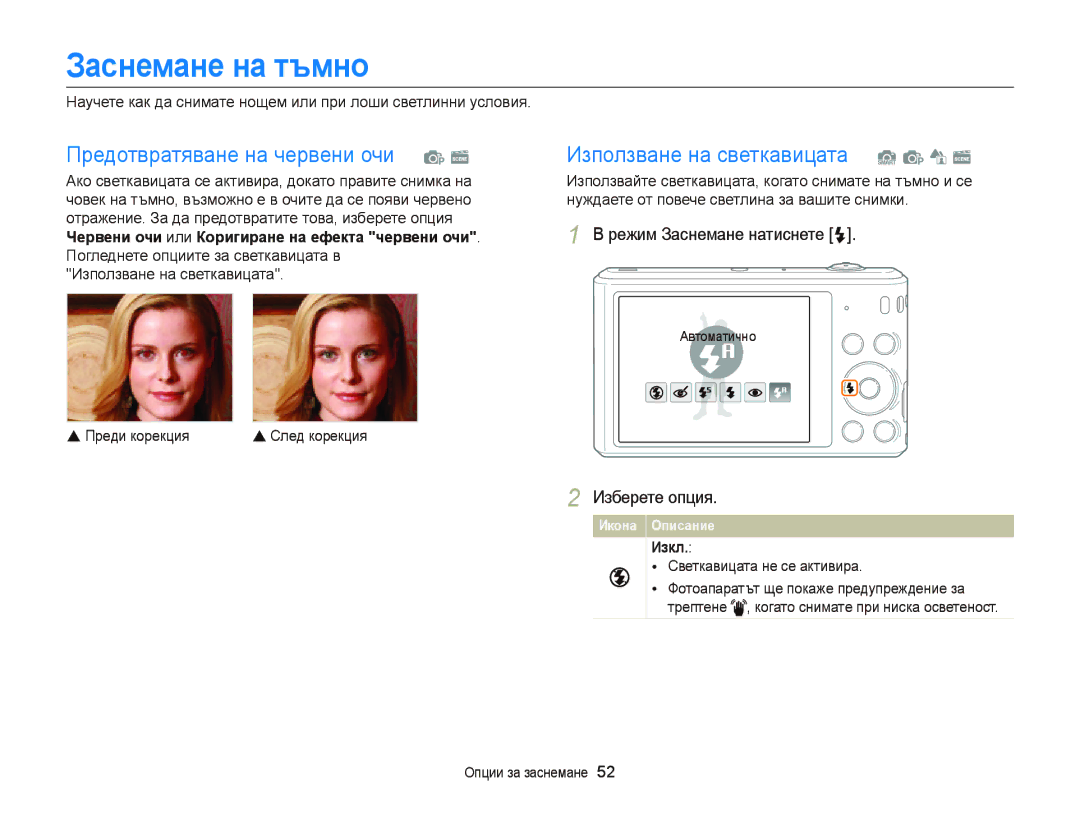 Samsung EC-ST66ZZFPSE3 Заснемане на тъмно, Режим Заснемане натиснете F, Червени очи или Коригиране на ефекта червени очи 