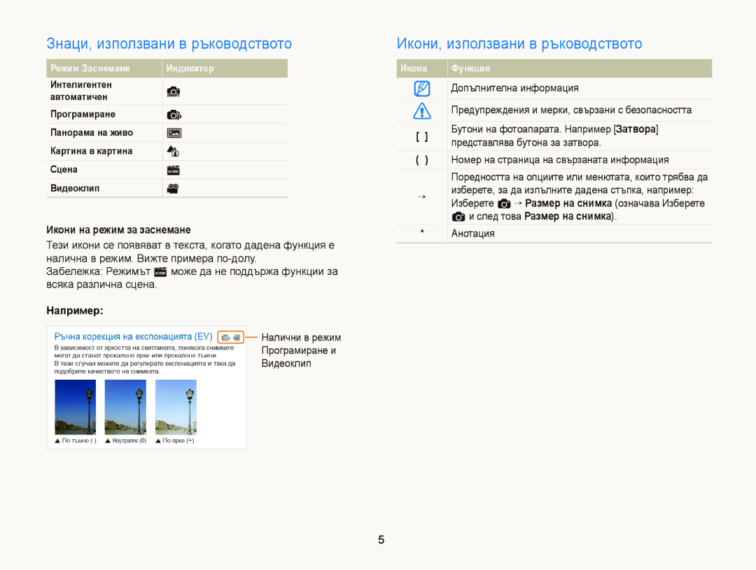Samsung EC-ST66ZZFPUE3 Знаци, използвани в ръководството, Икони, използвани в ръководството, Икони на режим за заснемане 