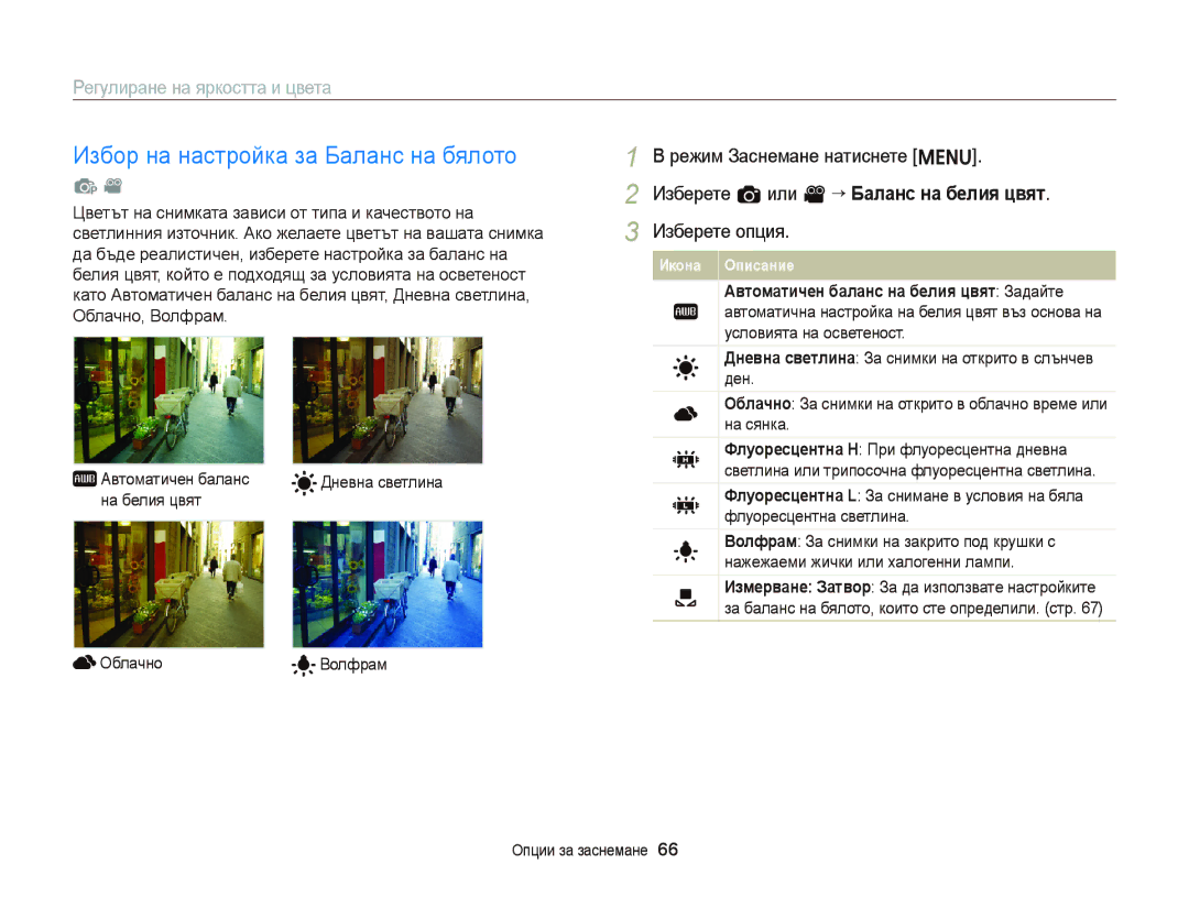 Samsung EC-ST66ZZFPSE3 manual Избор на настройка за Баланс на бялото, Дневна светлина, На белия цвят Облачно Волфрам 