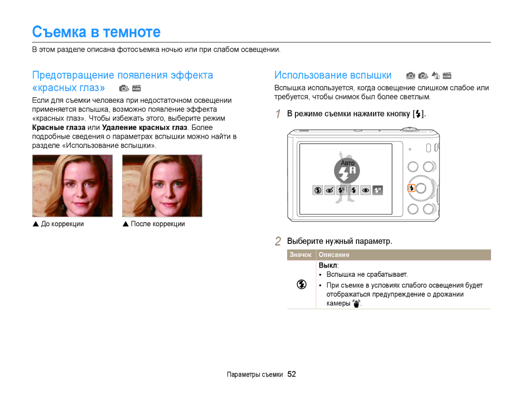 Samsung EC-ST76ZZBPRRU, EC-ST66ZZBPSRU manual Съемка в темноте, Предотвращение появления эффекта «красных глаз» p s, Выкл 