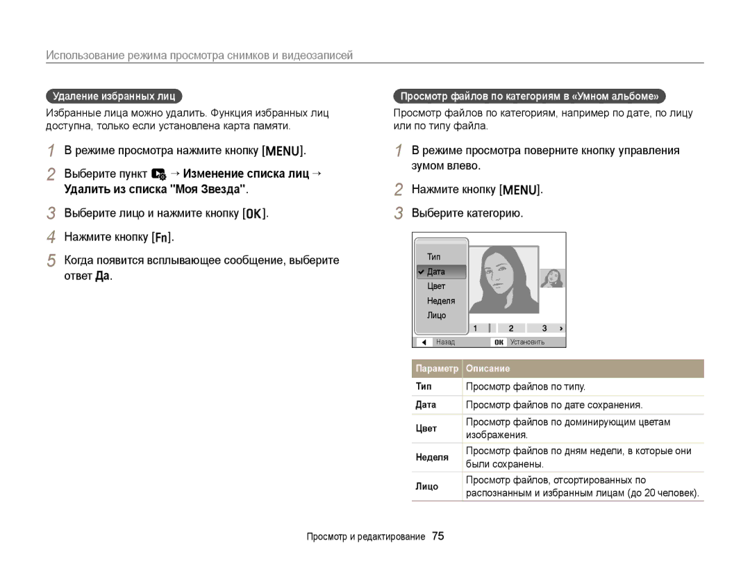 Samsung EC-ST66ZZFPRRU, EC-ST66ZZBPSRU manual Удаление избранных лиц, Просмотр файлов по категориям в «Умном альбоме» 