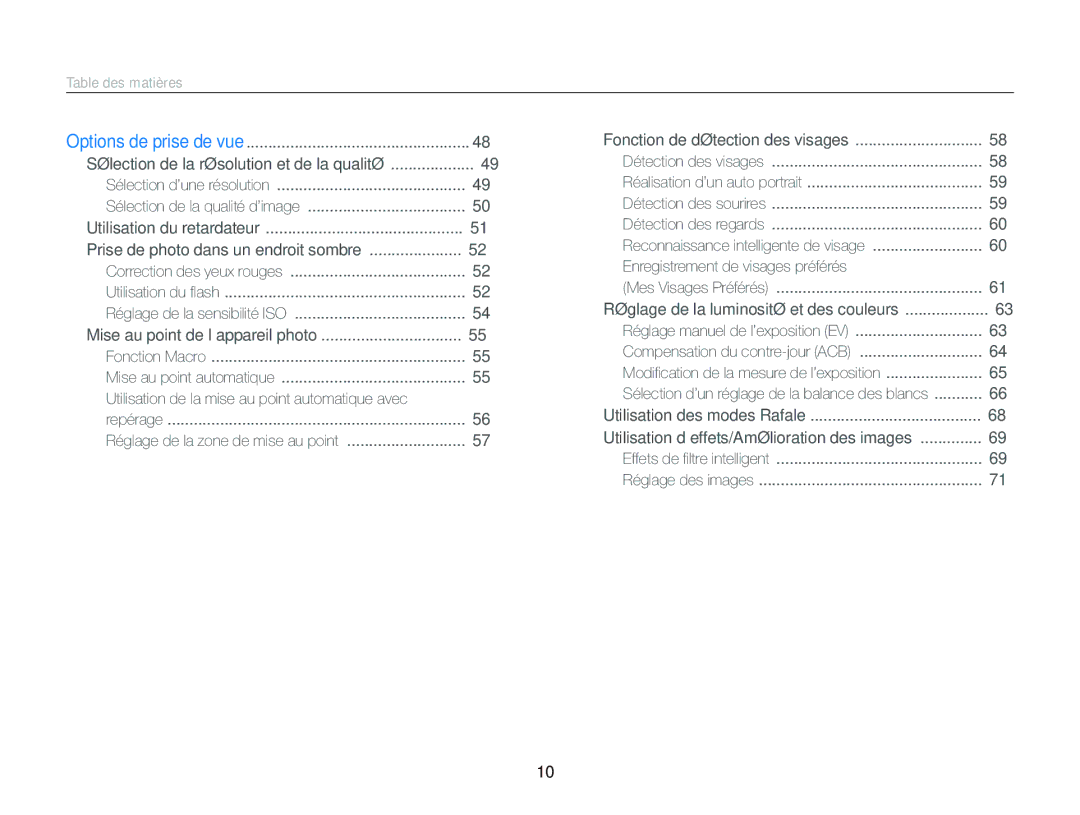 Samsung EC-ST66ZZBPRE1, EC-ST66ZZFPRFR, EC-ST66ZZFPBFR manual Table des matières, Prise de photo dans un endroit sombre 