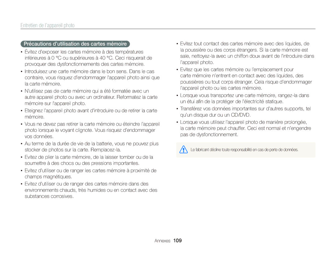 Samsung EC-ST66ZZBPPE1, EC-ST66ZZFPRFR, EC-ST66ZZFPBFR, EC-ST66ZZBPSE1 manual Précautions d’utilisation des cartes mémoire 