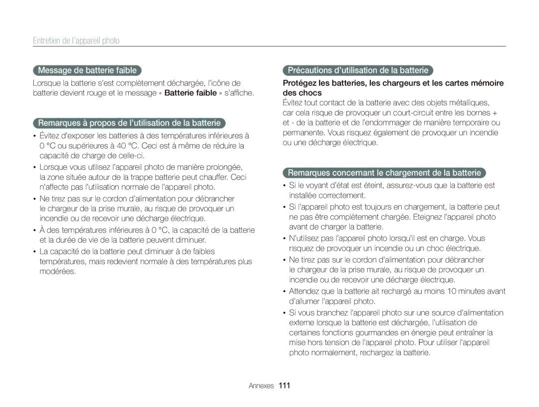 Samsung EC-ST66ZZFPRFR, EC-ST66ZZFPBFR manual Message de batterie faible, Remarques à propos de l’utilisation de la batterie 