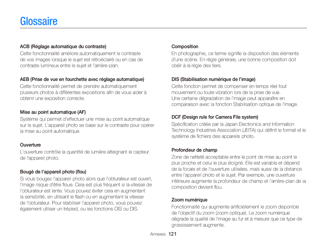 Samsung EC-ST66ZZFPPFR, EC-ST66ZZFPRFR, EC-ST66ZZFPBFR, EC-ST66ZZBPSE1 manual Glossaire, ACB Réglage automatique du contraste 