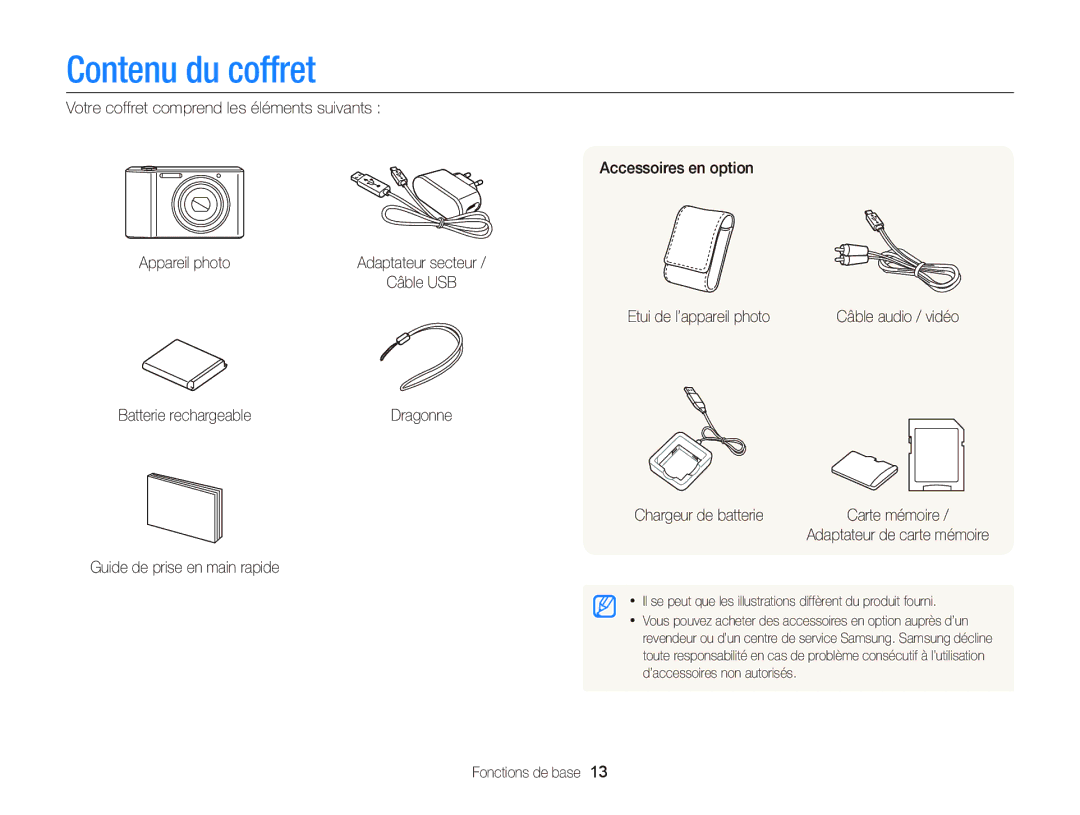 Samsung EC-ST66ZZFPRFR, EC-ST66ZZFPBFR, EC-ST66ZZBPSE1, EC-ST66ZZFPPFR, EC-ST66ZZBPRE1, EC-ST66ZZBPPE1 manual Contenu du coffret 