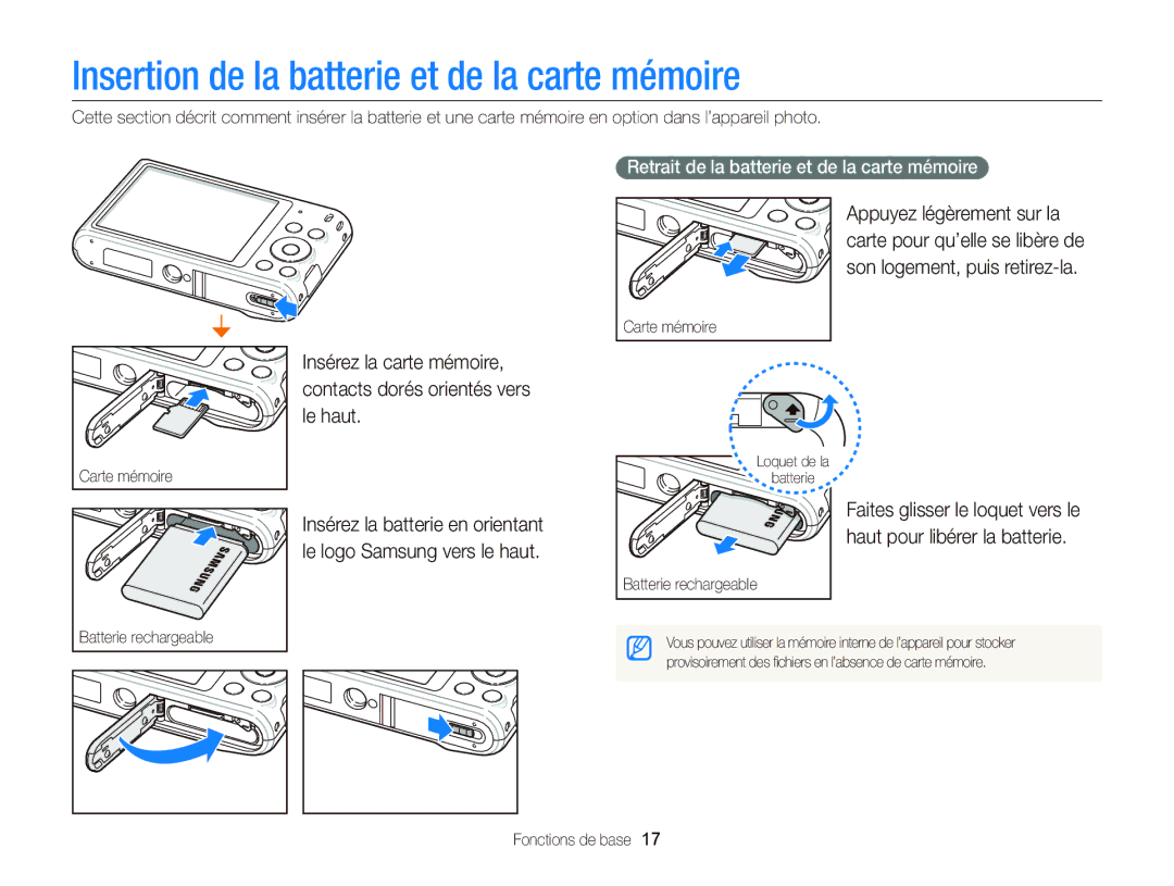 Samsung EC-ST66ZZBPRE1 Insertion de la batterie et de la carte mémoire, Retrait de la batterie et de la carte mémoire 