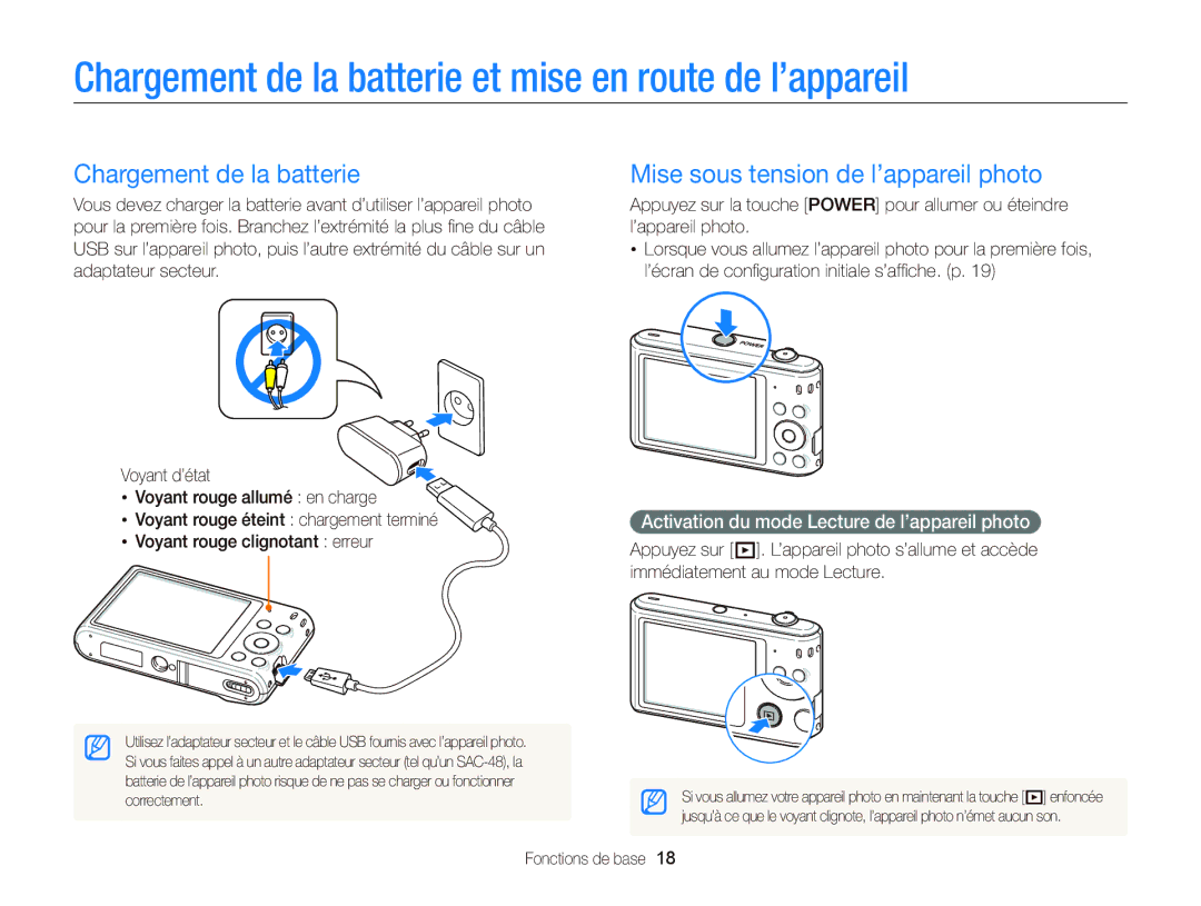 Samsung EC-ST66ZZBPPE1 Chargement de la batterie et mise en route de l’appareil, Mise sous tension de l’appareil photo 