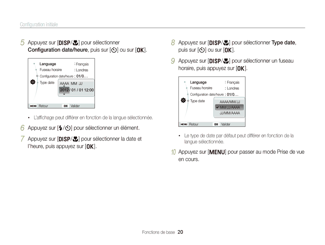 Samsung EC-ST66ZZFPRFR, EC-ST66ZZFPBFR manual Conﬁguration initiale, Appuyez sur m pour passer au mode Prise de vue en cours 