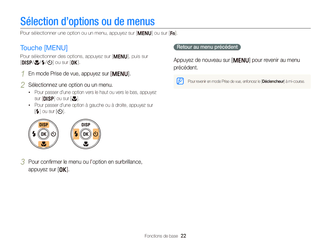 Samsung EC-ST66ZZBPSE1, EC-ST66ZZFPRFR manual Sélection d’options ou de menus, Touche Menu, Retour au menu précédent 