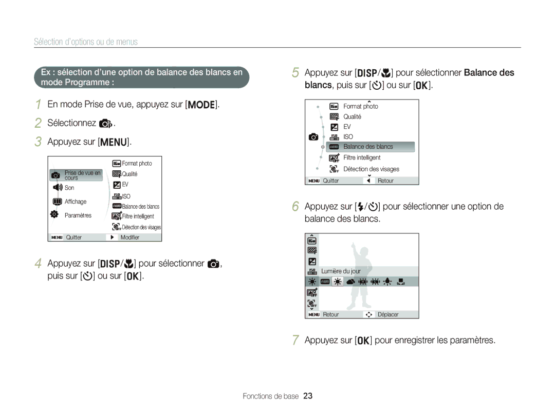 Samsung EC-ST66ZZFPPFR, EC-ST66ZZFPRFR manual Sélection d’options ou de menus, Appuyez sur o pour enregistrer les paramètres 