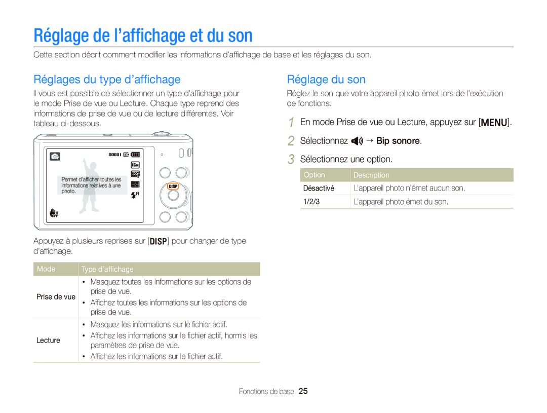 Samsung EC-ST66ZZBPPE1 Réglage de l’afﬁchage et du son, Réglages du type d’afﬁchage, Réglage du son, Mode Type d’afﬁchage 