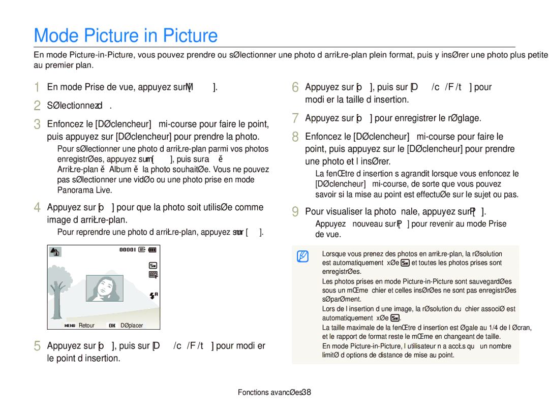 Samsung EC-ST66ZZBPRE1, EC-ST66ZZFPRFR manual Mode Picture in Picture, En mode Prise de vue, appuyez sur M Sélectionnez d 