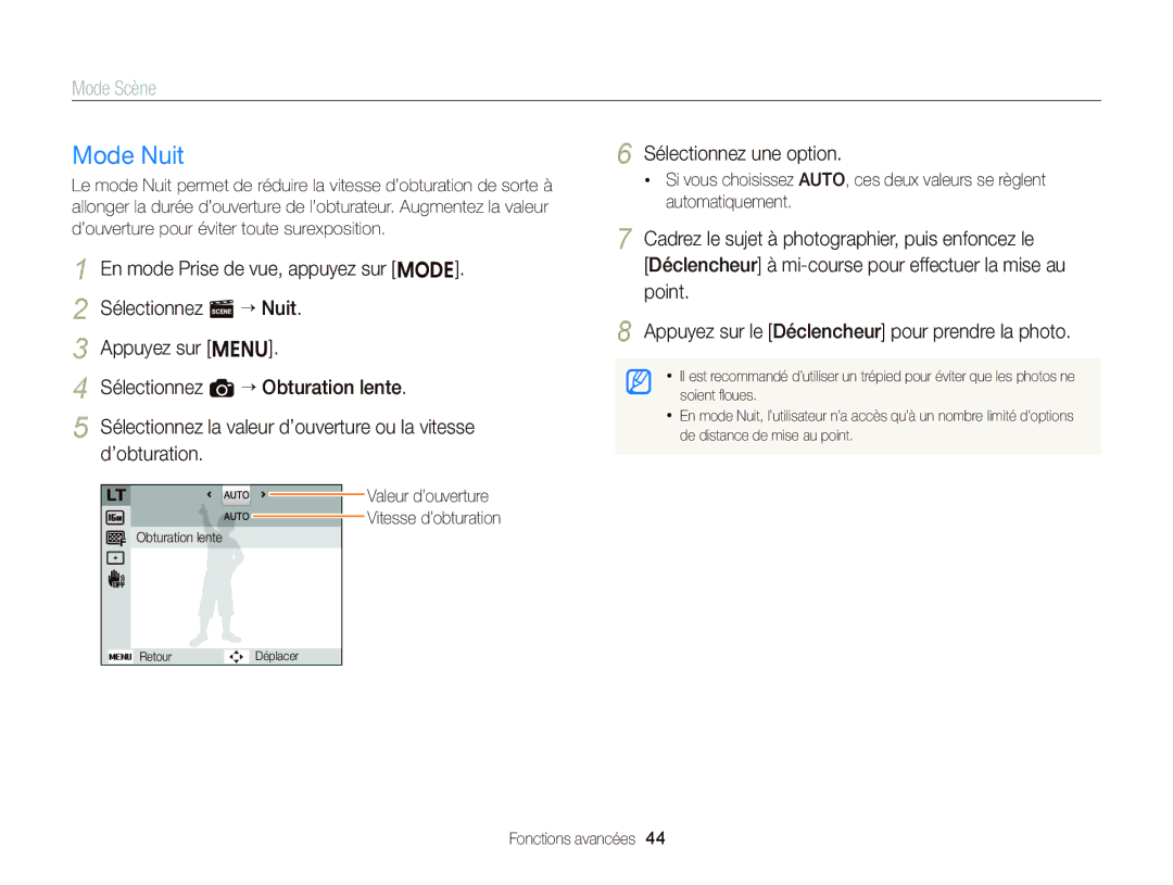 Samsung EC-ST66ZZFPPFR, EC-ST66ZZFPRFR, EC-ST66ZZFPBFR, EC-ST66ZZBPSE1 Mode Nuit, Valeur d’ouverture Vitesse d’obturation 