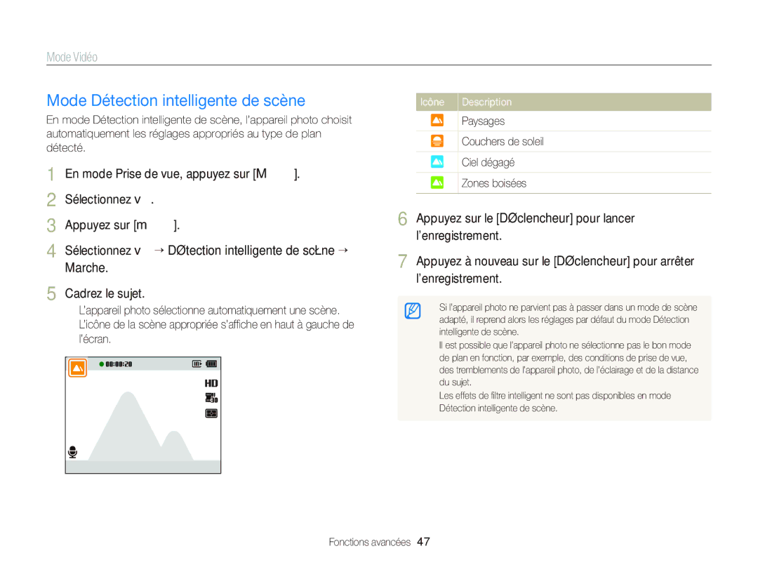 Samsung EC-ST66ZZBPBE1 manual Mode Détection intelligente de scène, Paysages Couchers de soleil Ciel dégagé Zones boisées 