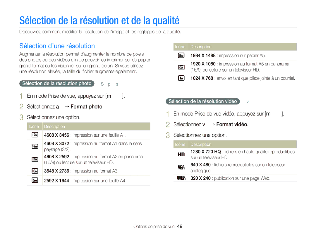 Samsung EC-ST66ZZFPBFR, EC-ST66ZZFPRFR manual Sélection de la résolution et de la qualité, Sélection d’une résolution 