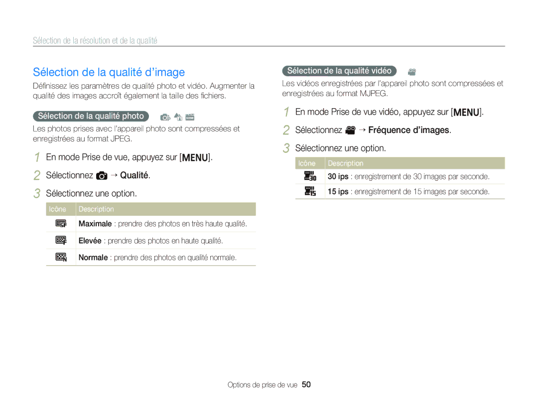 Samsung EC-ST66ZZBPSE1, EC-ST66ZZFPRFR manual Sélection de la qualité d’image, Sélection de la résolution et de la qualité 