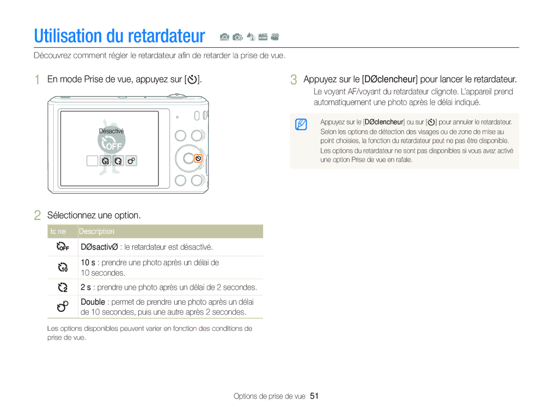 Samsung EC-ST66ZZFPPFR manual En mode Prise de vue, appuyez sur t, Appuyez sur le Déclencheur pour lancer le retardateur 