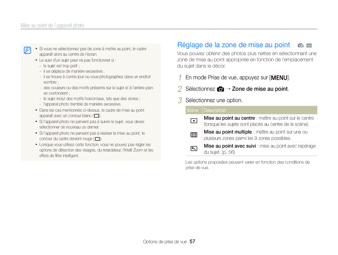 Samsung EC-ST66ZZBPSE1, EC-ST66ZZFPRFR, EC-ST66ZZFPBFR, EC-ST66ZZFPPFR manual Réglage de la zone de mise au point p s 