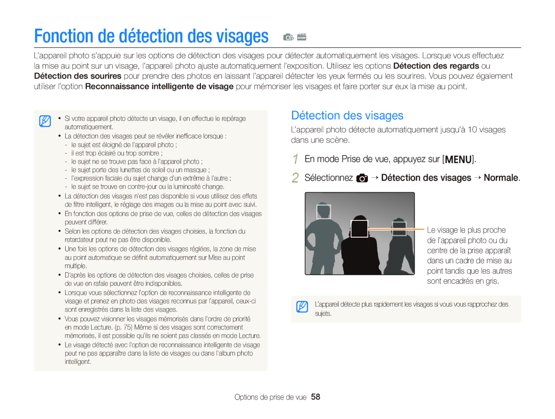 Samsung EC-ST66ZZFPPFR, EC-ST66ZZFPRFR, EC-ST66ZZFPBFR manual Fonction de détection des visages, Détection des visages 