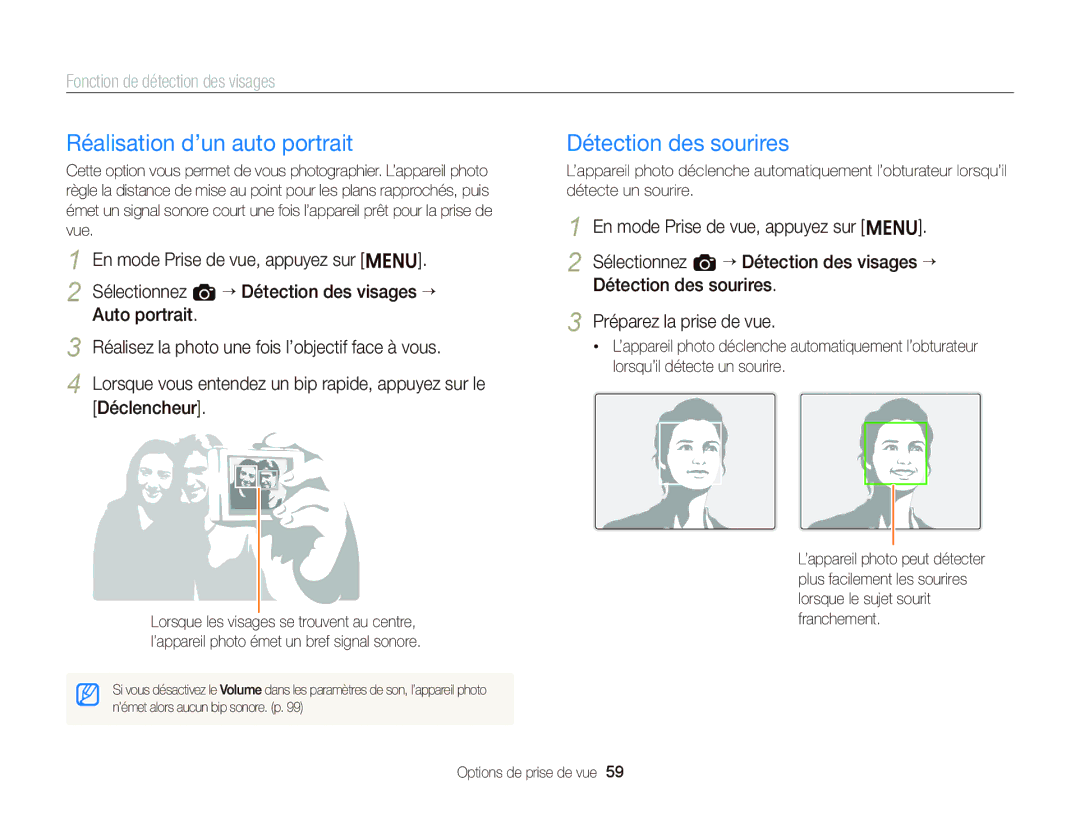 Samsung EC-ST66ZZBPRE1 manual Réalisation d’un auto portrait, Détection des sourires, Fonction de détection des visages 