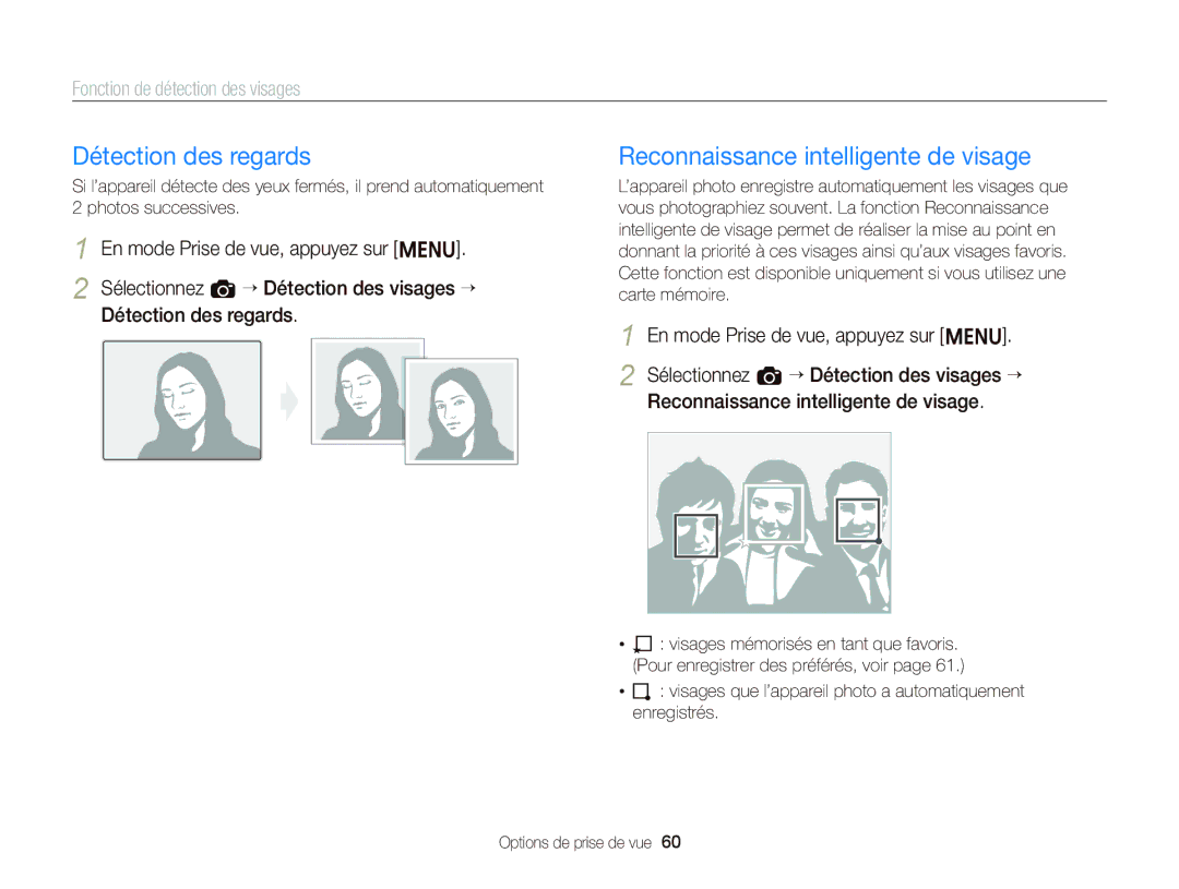 Samsung EC-ST66ZZBPPE1, EC-ST66ZZFPRFR, EC-ST66ZZFPBFR manual Détection des regards, Reconnaissance intelligente de visage 