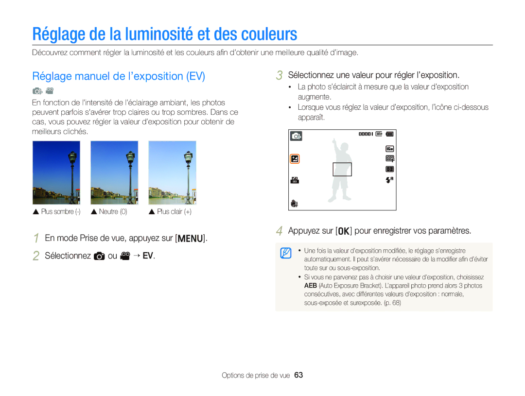 Samsung EC-ST66ZZFPBFR, EC-ST66ZZFPRFR manual Réglage de la luminosité et des couleurs, Réglage manuel de l’exposition EV 