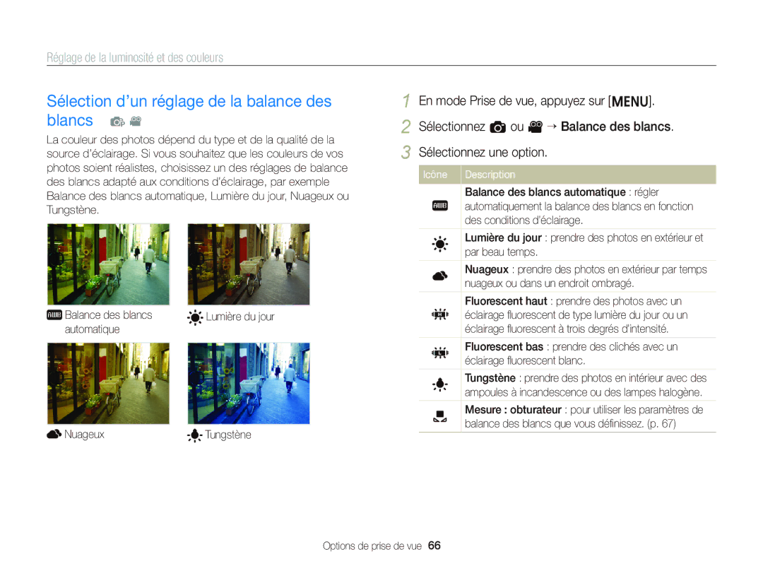 Samsung EC-ST66ZZBPRE1, EC-ST66ZZFPRFR, EC-ST66ZZFPBFR, EC-ST66ZZBPSE1 Sélection d’un réglage de la balance des blancs p 