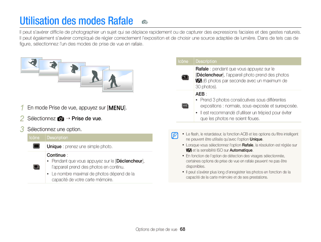 Samsung EC-ST66ZZBPBE1, EC-ST66ZZFPRFR manual Utilisation des modes Rafale p, Rafale pendant que vous appuyez sur le, Photos 