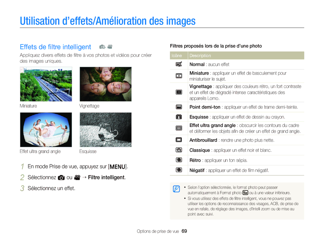 Samsung EC-ST66ZZFPRFR, EC-ST66ZZFPBFR manual Utilisation d’effets/Amélioration des images, Effets de ﬁltre intelligent p 