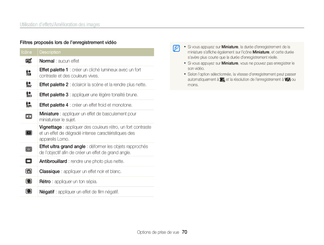 Samsung EC-ST66ZZFPBFR manual Utilisation d’effets/Amélioration des images, Filtres proposés lors de l’enregistrement vidéo 