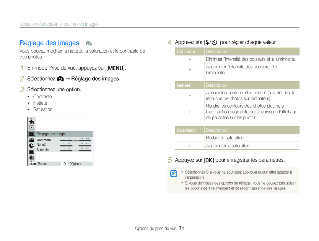 Samsung EC-ST66ZZBPSE1 Réglage des images p, Appuyez sur F/t pour régler chaque valeur, Contraste, Netteté Description 