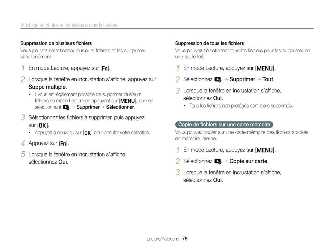 Samsung EC-ST66ZZBPSE1 Sélectionnez les ﬁchiers à supprimer, puis appuyez sur o, Copie de ﬁchiers sur une carte mémoire 