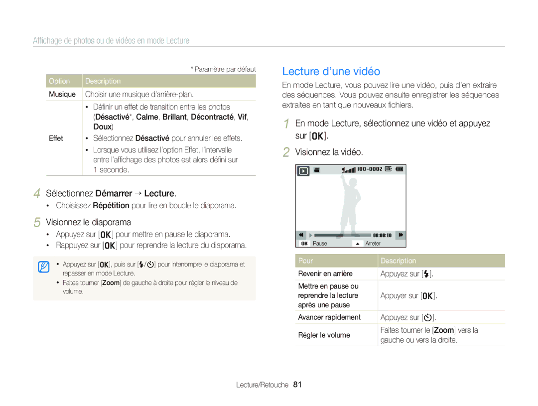 Samsung EC-ST66ZZBPPE1, EC-ST66ZZFPRFR manual Lecture d’une vidéo, Sélectionnez Démarrer “ Lecture, Visionnez le diaporama 