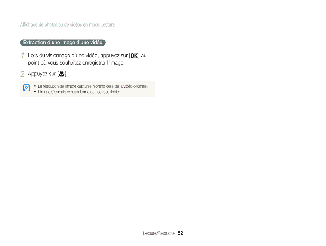 Samsung EC-ST66ZZBPBE1, EC-ST66ZZFPRFR, EC-ST66ZZFPBFR, EC-ST66ZZBPSE1 Appuyez sur c, Extraction d’une image d’une vidéo 