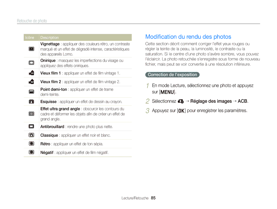 Samsung EC-ST66ZZBPSE1 manual Modiﬁcation du rendu des photos, En mode Lecture, sélectionnez une photo et appuyez sur m 