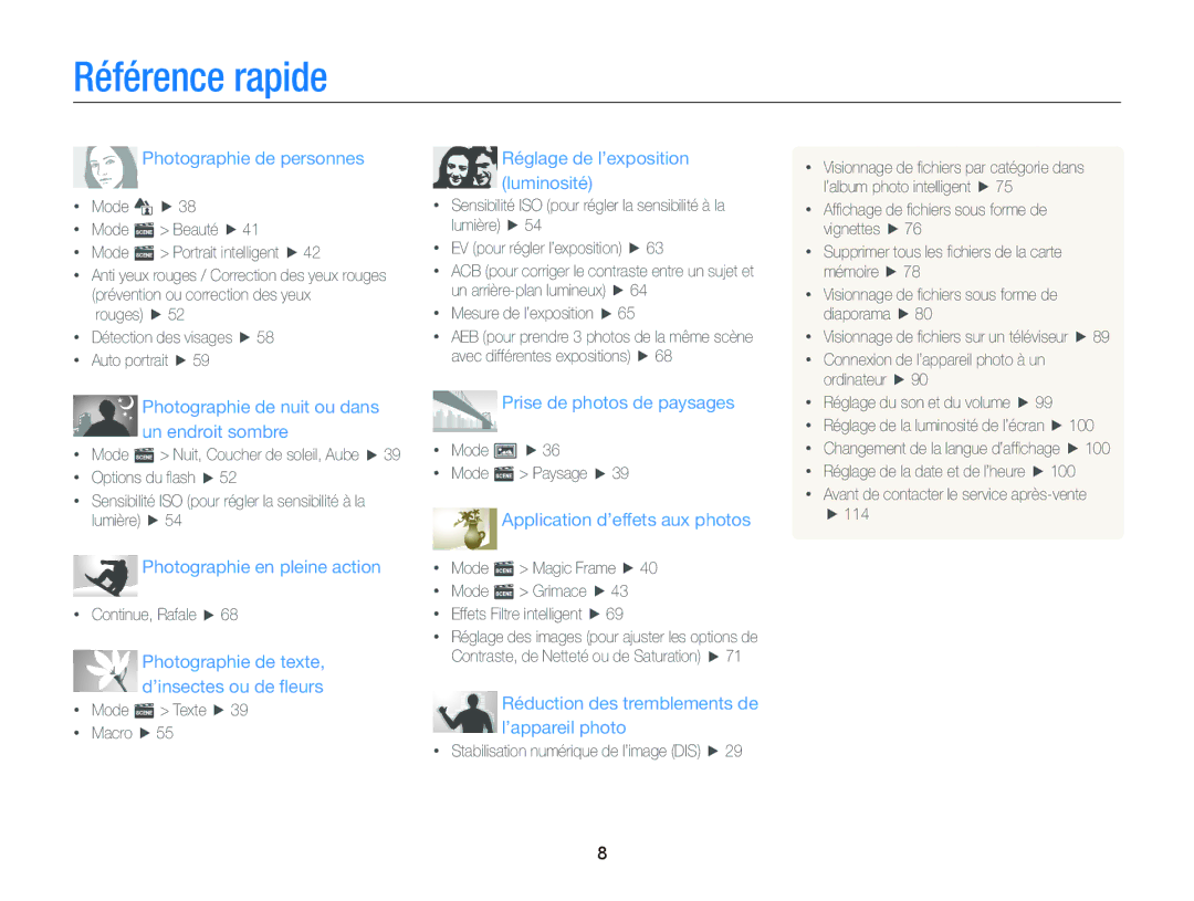 Samsung EC-ST66ZZBPSE1, EC-ST66ZZFPRFR, EC-ST66ZZFPBFR, EC-ST66ZZFPPFR manual Référence rapide, Photographie de personnes 